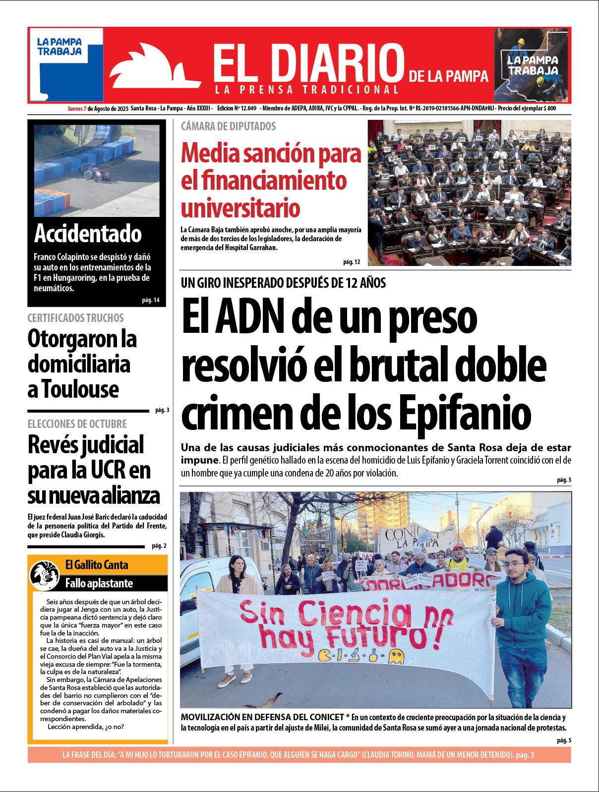 Tapa de El Diario en papel  jueves 07 de agosto de 2025